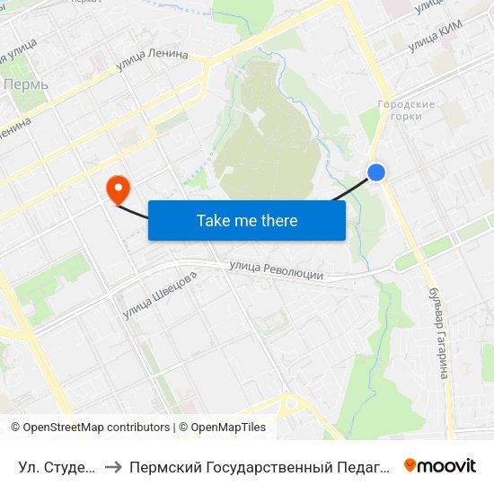 Ул. Студенческая to Пермский Государственный Педагогический Университет map