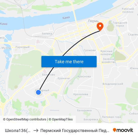 Школа136(Нагорный) to Пермский Государственный Педагогический Университет map