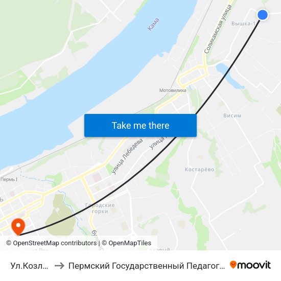 Ул.Козловская to Пермский Государственный Педагогический Университет map