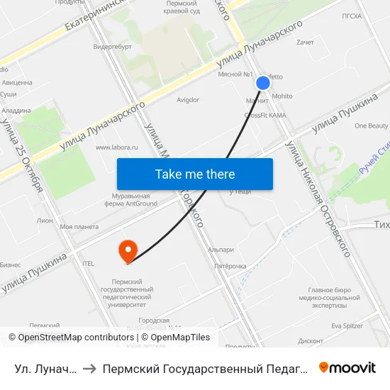 Ул. Луначарского to Пермский Государственный Педагогический Университет map