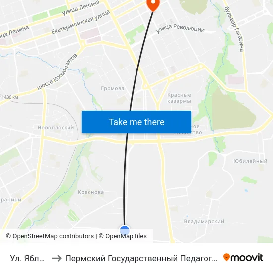 Ул. Яблочкова to Пермский Государственный Педагогический Университет map
