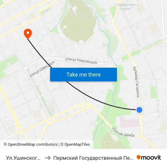 Ул.Ушинского(Б.Гагарина) to Пермский Государственный Педагогический Университет map