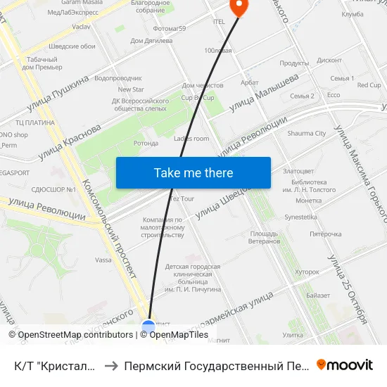 К/Т "Кристалл" (Автобусы) to Пермский Государственный Педагогический Университет map