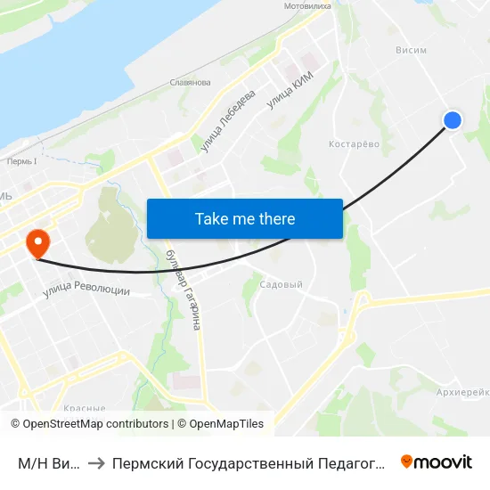 М/Н Висим-1 to Пермский Государственный Педагогический Университет map