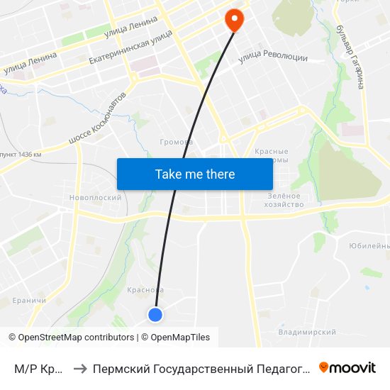М/Р Краснова to Пермский Государственный Педагогический Университет map