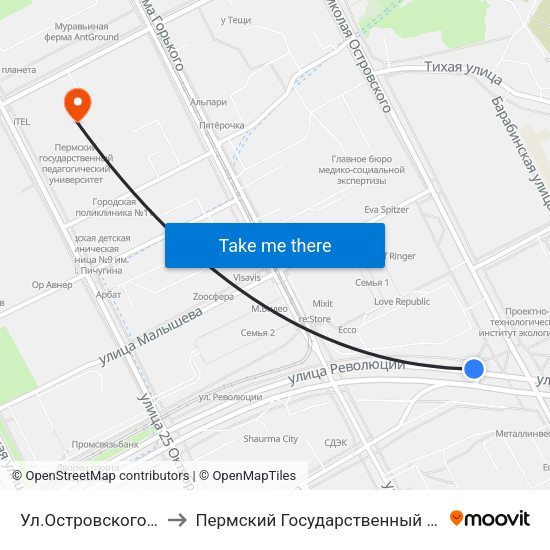 Ул.Островского (По Ул.Революц) to Пермский Государственный Педагогический Университет map