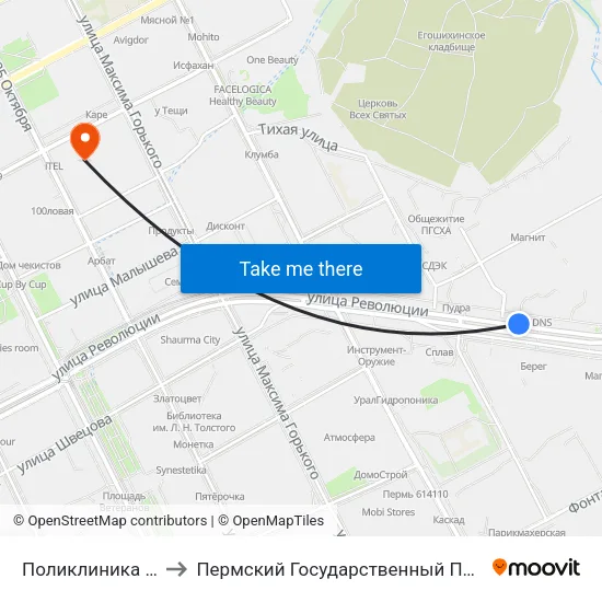 Поликлиника Им. Пичугина to Пермский Государственный Педагогический Университет map