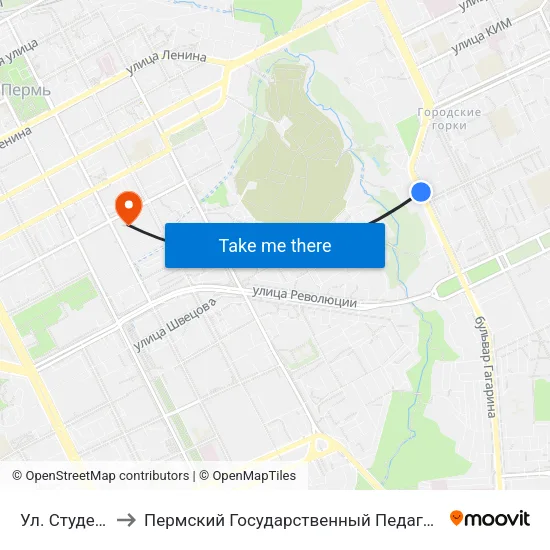 Ул. Студенческая to Пермский Государственный Педагогический Университет map