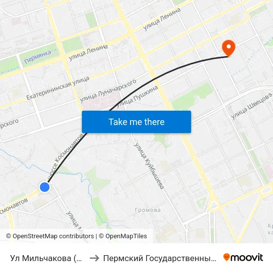 Ул Мильчакова (Шоссе Космонавтов) to Пермский Государственный Педагогический Университет map