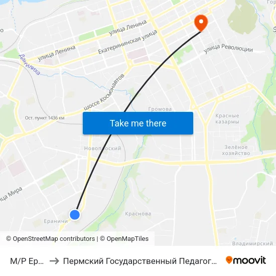 М/Р Ераничи to Пермский Государственный Педагогический Университет map