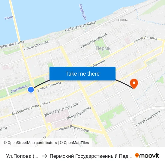 Ул.Попова (По Ленина) to Пермский Государственный Педагогический Университет map
