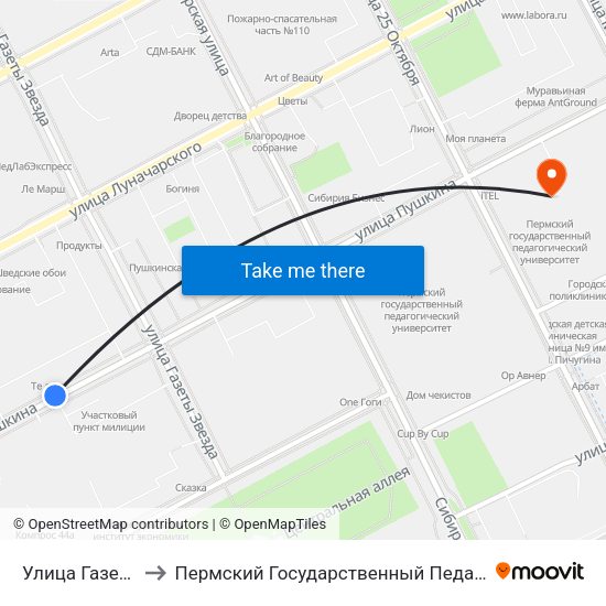 Улица Газеты Звезда to Пермский Государственный Педагогический Университет map