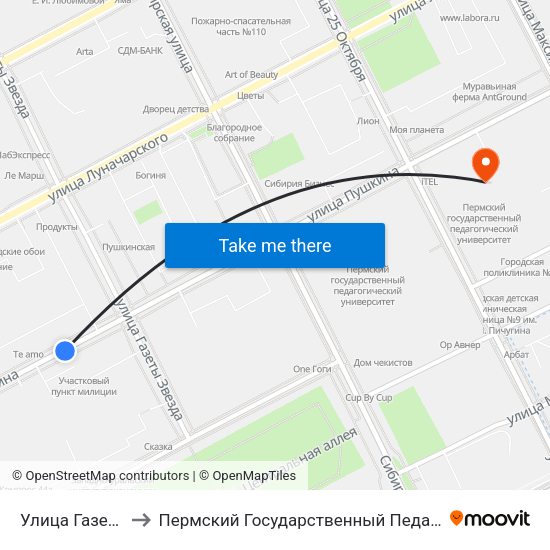 Улица Газеты Звезда to Пермский Государственный Педагогический Университет map