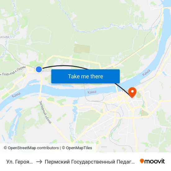 Ул. Героя Лядова to Пермский Государственный Педагогический Университет map