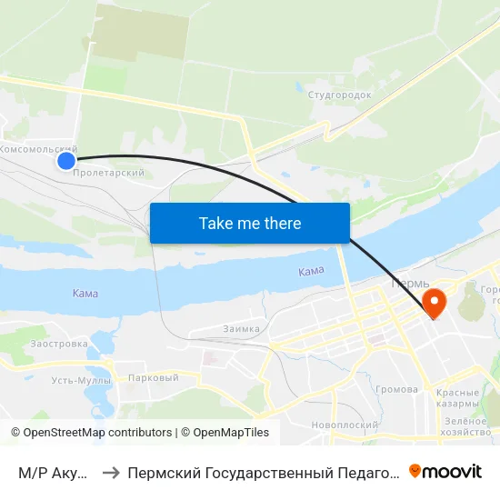 М/Р Акуловский to Пермский Государственный Педагогический Университет map