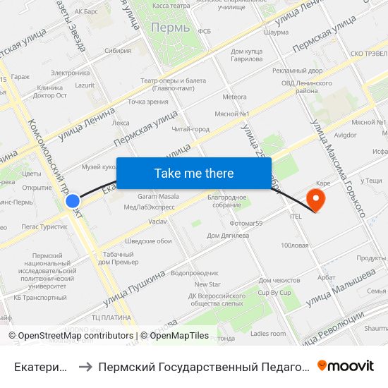 Екатерининская to Пермский Государственный Педагогический Университет map