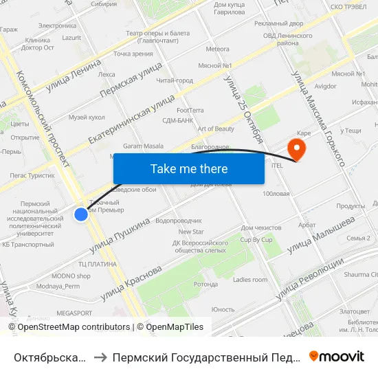 Октябрьская Площадь to Пермский Государственный Педагогический Университет map