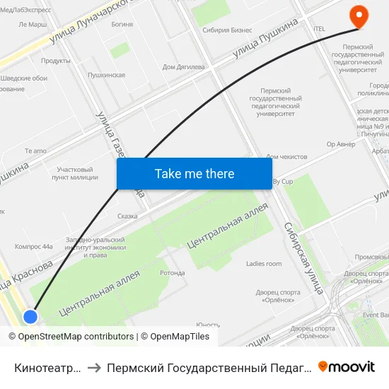 Кинотеатр Октябрь to Пермский Государственный Педагогический Университет map