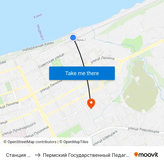 Станция Пермь-1 to Пермский Государственный Педагогический Университет map