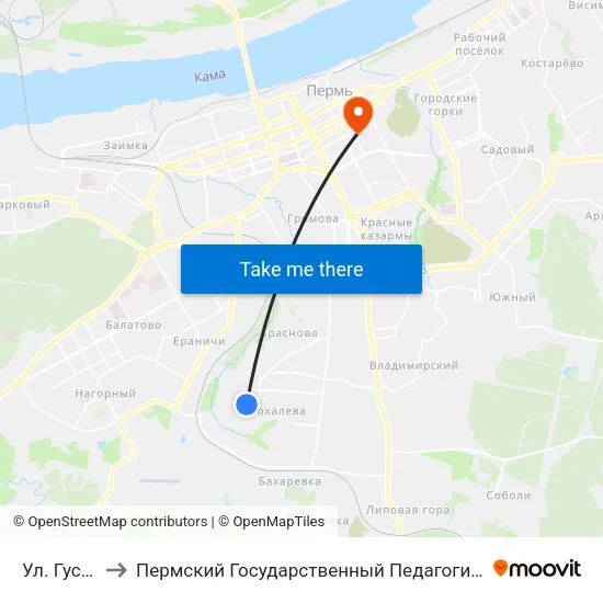Ул. Гусарова to Пермский Государственный Педагогический Университет map