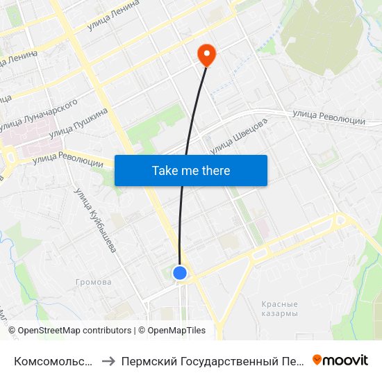 Комсомольская Площадь to Пермский Государственный Педагогический Университет map
