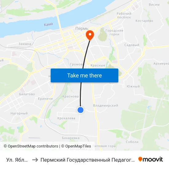 Ул. Яблочкова to Пермский Государственный Педагогический Университет map