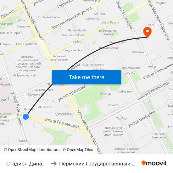 Стадион Динамо (Революции) to Пермский Государственный Педагогический Университет map