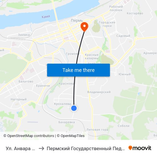 Ул. Анвара Гатауллина to Пермский Государственный Педагогический Университет map