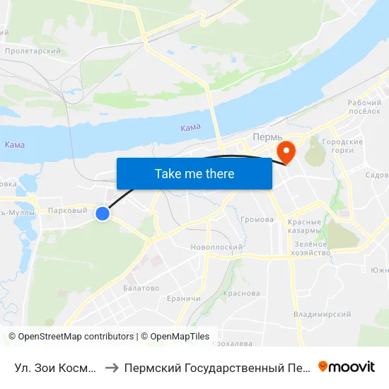 Ул. Зои Космодемьянской to Пермский Государственный Педагогический Университет map