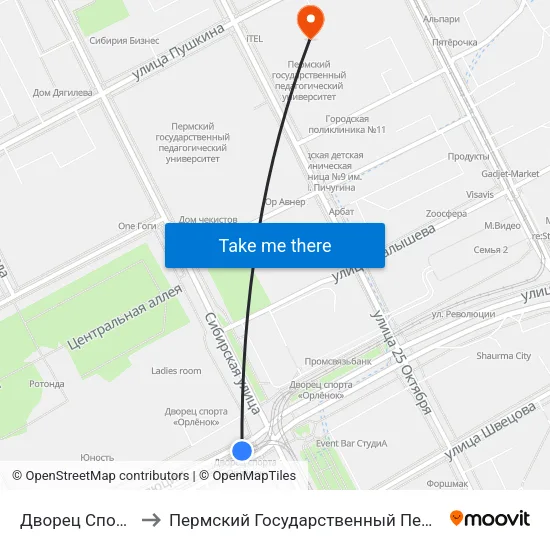 Дворец Спорта Орленок to Пермский Государственный Педагогический Университет map