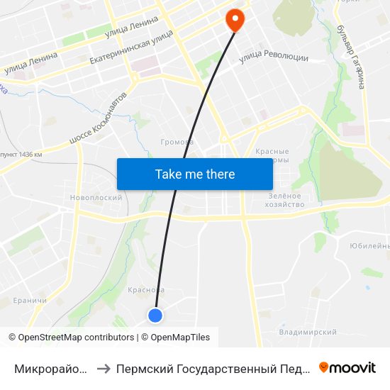 Микрорайон Краснова to Пермский Государственный Педагогический Университет map
