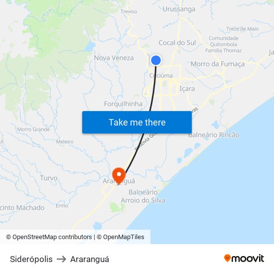 Siderópolis to Araranguá map