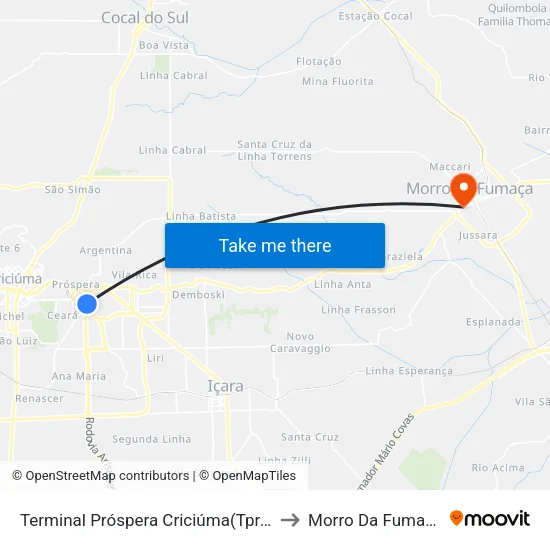 Terminal Próspera Criciúma(Tpro) to Morro Da Fumaça map