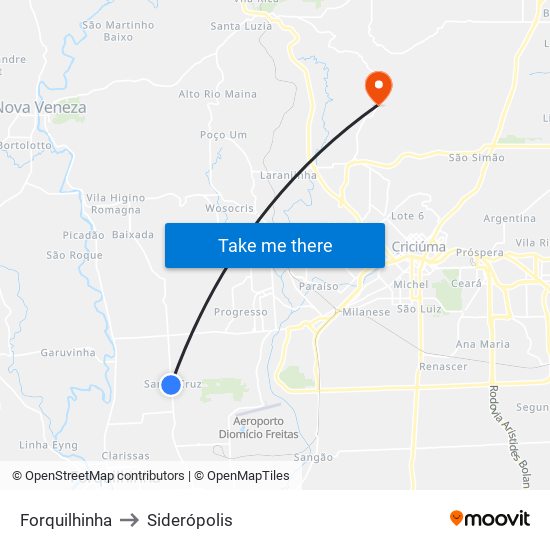 Forquilhinha to Siderópolis map