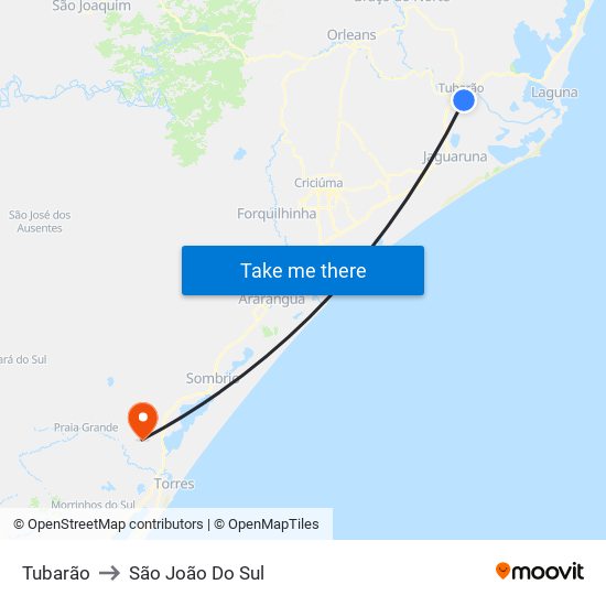 Tubarão to São João Do Sul map