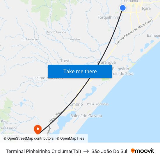 Terminal Pinheirinho Criciúma(Tpi) to São João Do Sul map