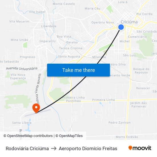 Rodoviária Criciúma to Aeroporto Diomício Freitas map