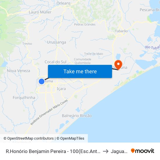 R.Honório Benjamin Pereira - 100(Esc.Ant.Milanez Neto) to Jaguaruna map