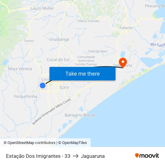 Estação Dos Imigrantes - 33 to Jaguaruna map