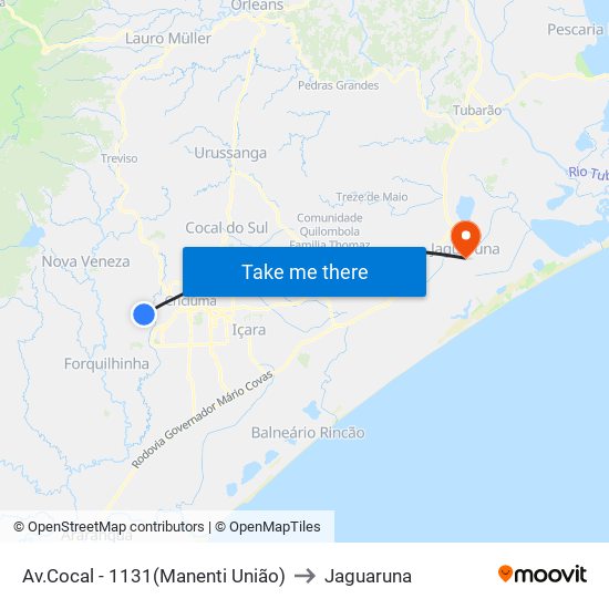 Av.Cocal - 1131(Manenti União) to Jaguaruna map