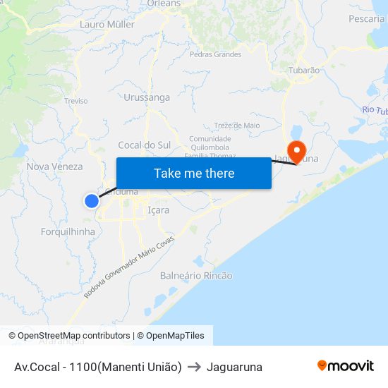 Av.Cocal - 1100(Manenti União) to Jaguaruna map
