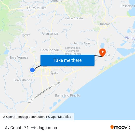 Av.Cocal - 71 to Jaguaruna map