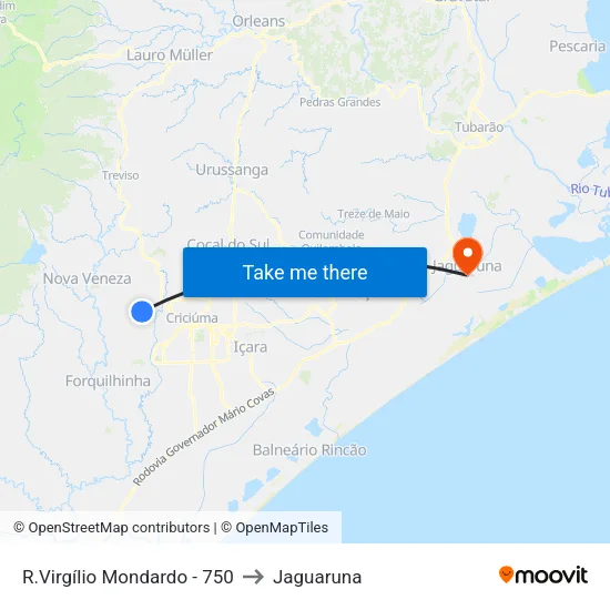 R.Virgílio Mondardo - 750 to Jaguaruna map