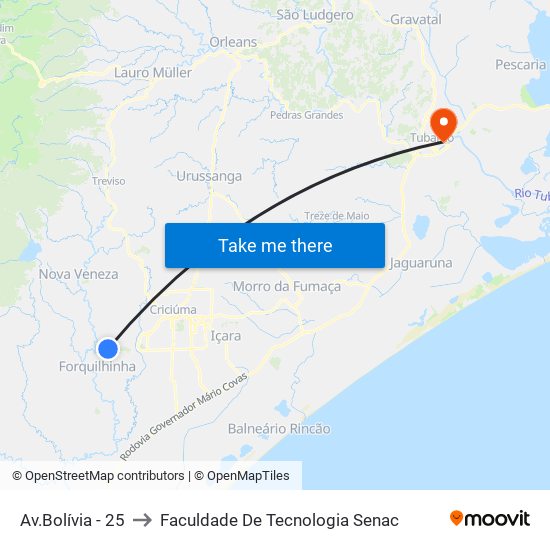 Av.Bolívia - 25 to Faculdade De Tecnologia Senac map