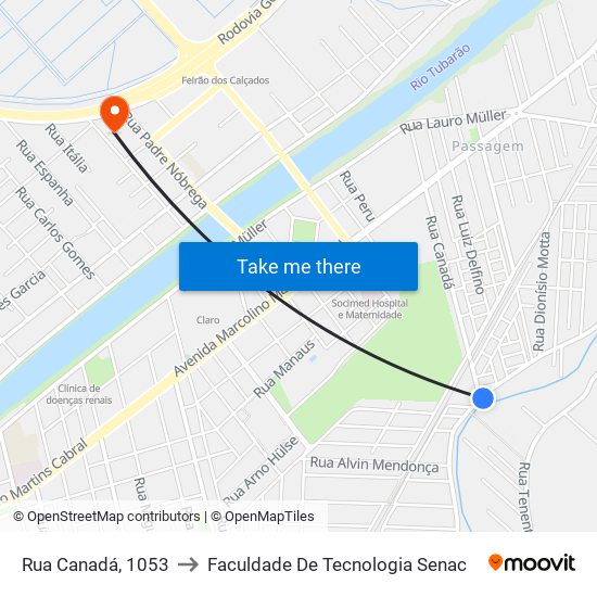 Rua Canadá, 1053 to Faculdade De Tecnologia Senac map