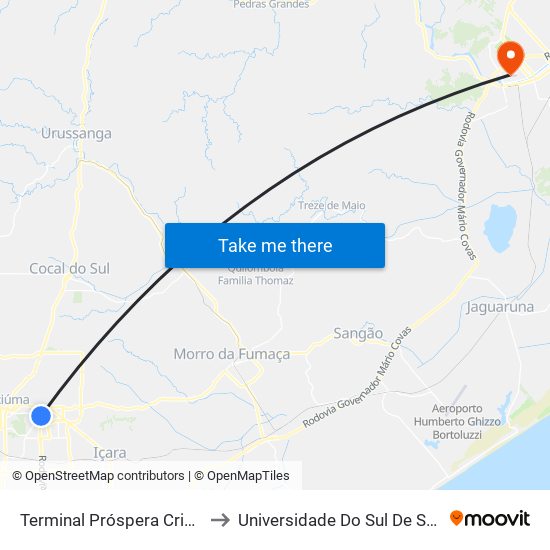 Terminal Próspera Criciúma(Tpro) to Universidade Do Sul De Santa Catarina map