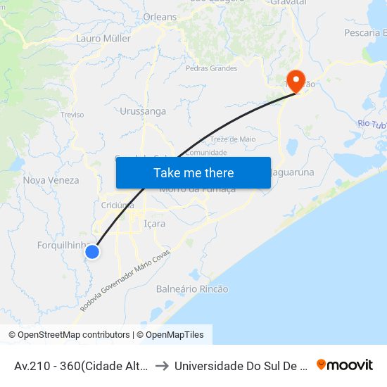 Av.210 - 360(Cidade Alta Ponte Nova) to Universidade Do Sul De Santa Catarina map