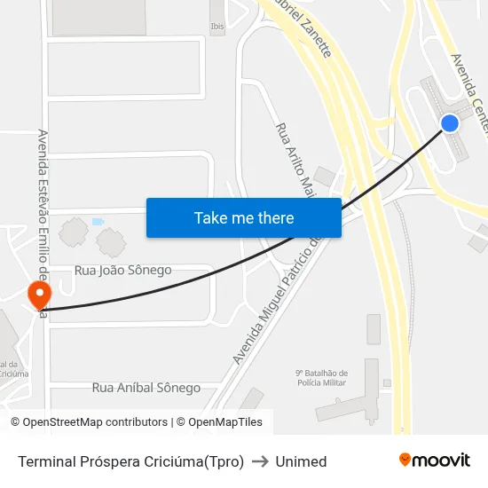 Terminal Próspera Criciúma(Tpro) to Unimed map