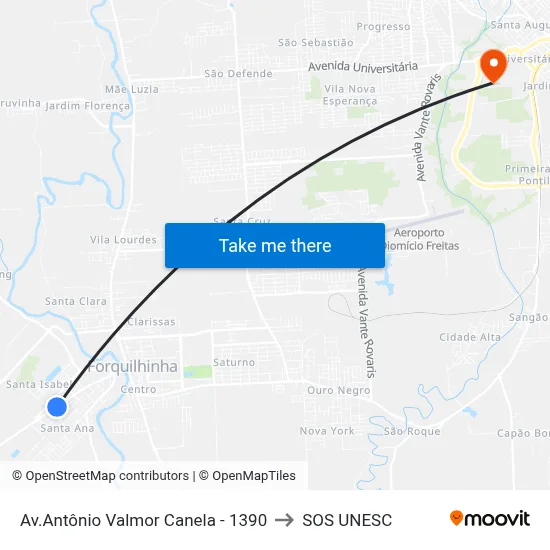 Av.Antônio Valmor Canela - 1390 to SOS UNESC map