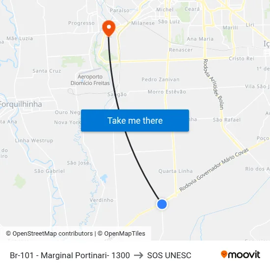 Br-101 - Marginal Portinari- 1300 to SOS UNESC map
